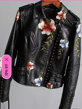 Women's Black Embroidered Faux Leather Moto Jacket